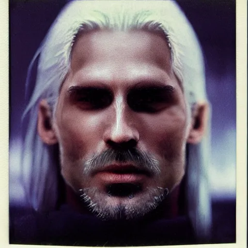 Image similar to polaroid of Hyper-real Geralt of rivia face shot by Tarkovsky