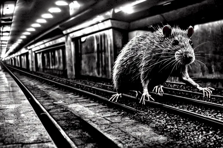 Image similar to very large giant mutant zombie irradiated angry rat sraying on railways in tonnel of moscow subway. extreme high detail. low dark light, scary atmosphere.