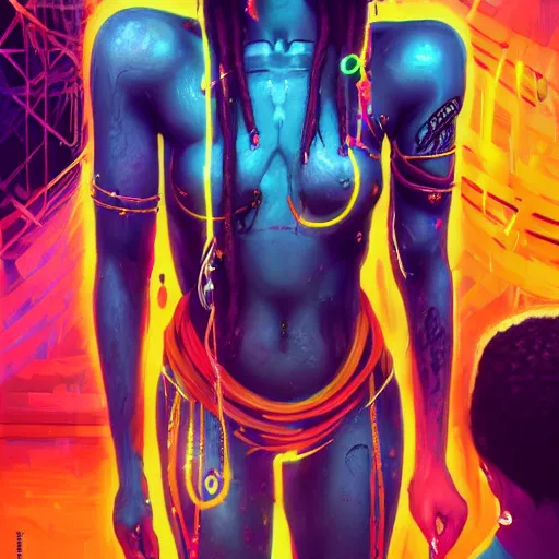 Image similar to dreads - cyberpunk deities and their creations, gods and men, manifesting dreams with kemetic magic in a modern world | hyperrealistic digital painting | by makoto shinkai, ilya kuvshinov, lois van baarle, rossdraws, basquiat | afrofuturism, in the style of surrealism, trending on artstation | dark color scheme