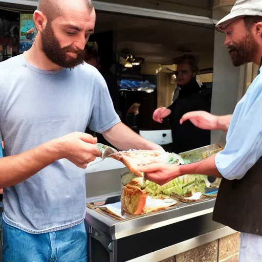 Image similar to Jesus buying a fish sandwich with cash, biblical scene