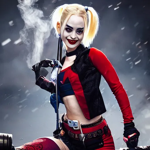 Image similar to harley quinn being catapulted out of a canon