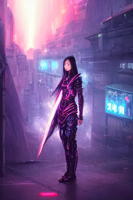 Image similar to portrait futuristic wuxia armor heroine Girl with thunder and fire sparkles and starlight, fighting in future cyberpunk tokyo heavy rainning rooftop , ssci-fi, fantasy, intricate, very very beautiful, elegant, human structure, neon light, highly detailed, digital painting, artstation, concept art, smooth, sharp focus, illustration, art by tian zi and WLOP and alphonse mucha