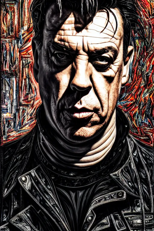 Prompt: till lindemann, detailed acrylic, grunge, intricate complexity, by dan mumford and by alberto giacometti, peter lindbergh