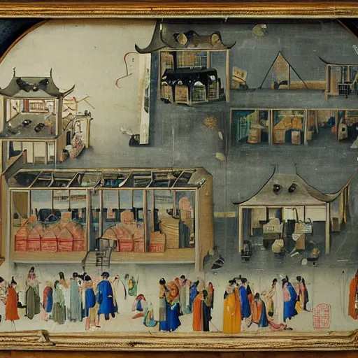 Prompt: a painting of a chinese factory, in the style of hieronymus bosch, very detailed, thick brush strokes, visible paint layers.