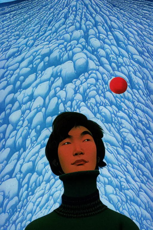 Image similar to a closeup portrait of a young siberian man dreaming psychedelic hallucinations in the vast icy landscape of antarctica, volcano lava drips in anti - gravity by kawase hasui, moebius and edward hopper, colorful flat surreal design, hd, 8 k, artstation