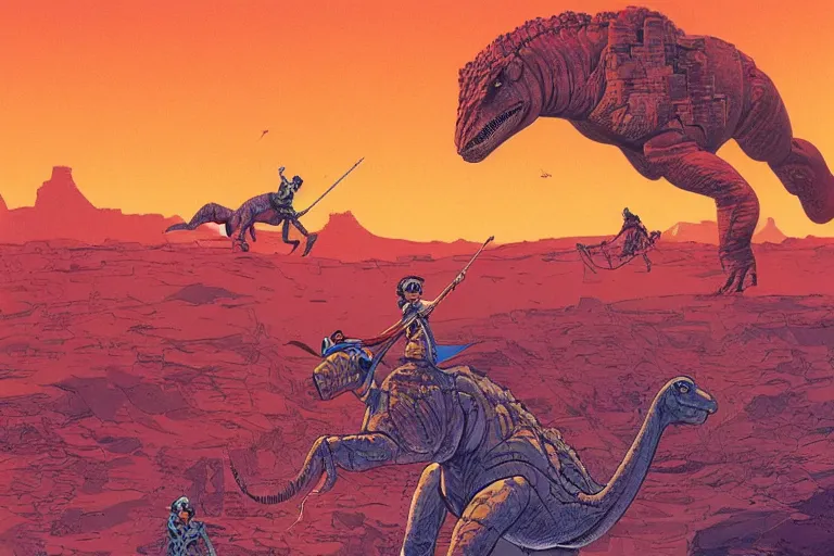 Image similar to beautiful amazons riding dinosaurs on mars against a backdrop of canyons, mercury rainbows in the sky and space fighters shooting, artwork by jean giraud