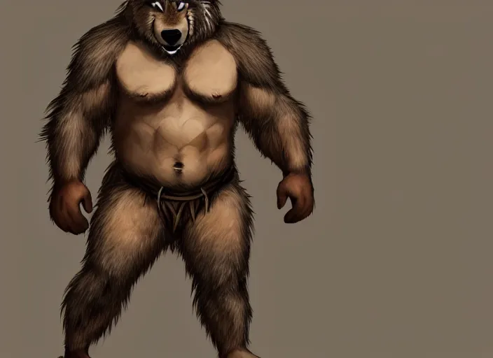 Image similar to burly tough character feature portrait of the anthro male anthropomorphic wolf fursona animal person wearing tribal primitive caveman loincloth outfit belt standing in the entrance to the cave, center framed character design stylized by charlie bowater, ross tran, artgerm, makoto shinkai, detailed, soft lighting, rendered in octane