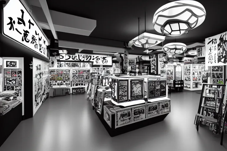 Image similar to still photo of a japanese street anime shop, black and white color aesthetic, highly detailed, photorealistic portrait, bright studio setting, studio lighting, crisp quality and light reflections, unreal engine 5 quality render