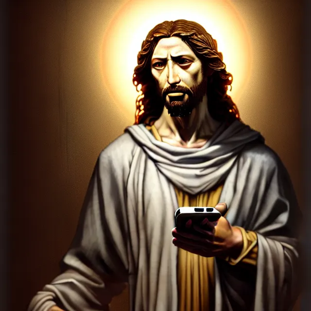 Prompt: the portrait of jesus christ talking on old phone, an ultrafine hyperdetailed illustration by kim jung gi, irakli nadar, detailed faces, intricate linework, bright colors, octopath traveler, final fantasy, unreal engine 5 highly rendered, global illumination, radiant light, detailed and intricate environment