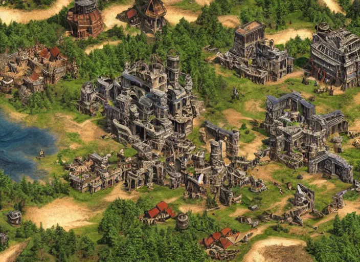 Image similar to isometric map of age of empires video game, procedural, top down, AOE2 , civilization, river, forest, cave, mountain, futuristic , woods, hills, buildings, snow, , digital art,realistic,detailed,art by greg rutkowski