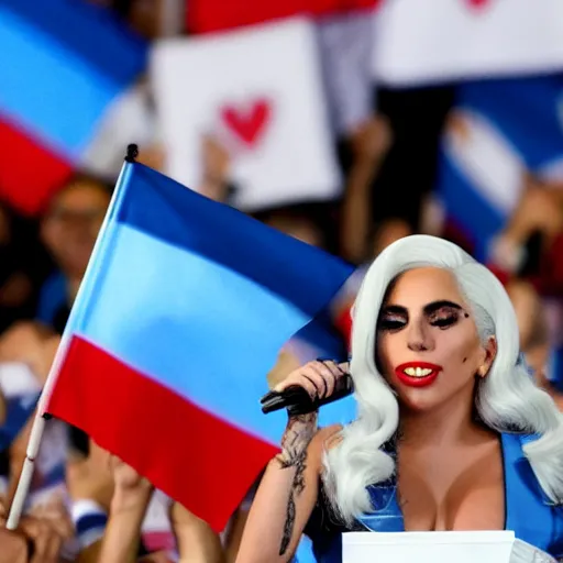 Image similar to Lady Gaga as president, Argentina presidential rally, Argentine flags behind, bokeh, giving a speech, detailed face, Argentina