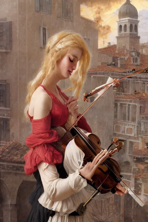 Image similar to beautiful blonde girl, expressively playing the violin, in a venetian outfit, illustration, manga, on the roof of a burning building, highly detailed, artstation, illustration, jurgens, rutkowski, bouguereau, canon eos r 3