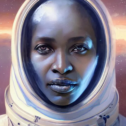 Image similar to A closeup portrait of a Sudanese woman (40), looking directly at the camera with an expression of barely contained panic, in a space helmet, strapped into a launch capsule digital art, fantasy art by Greg Rutkowski