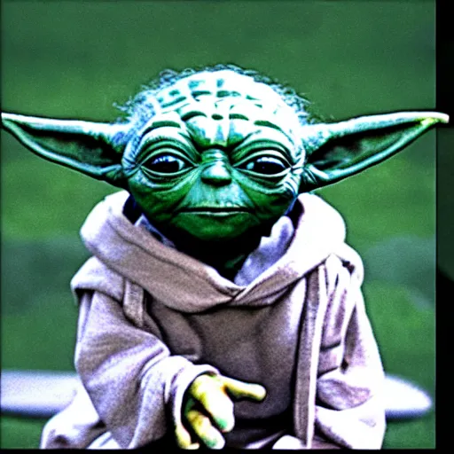 Image similar to a picture of Yoda’s first day of kindergarten. Yoda looking up towards the camera.