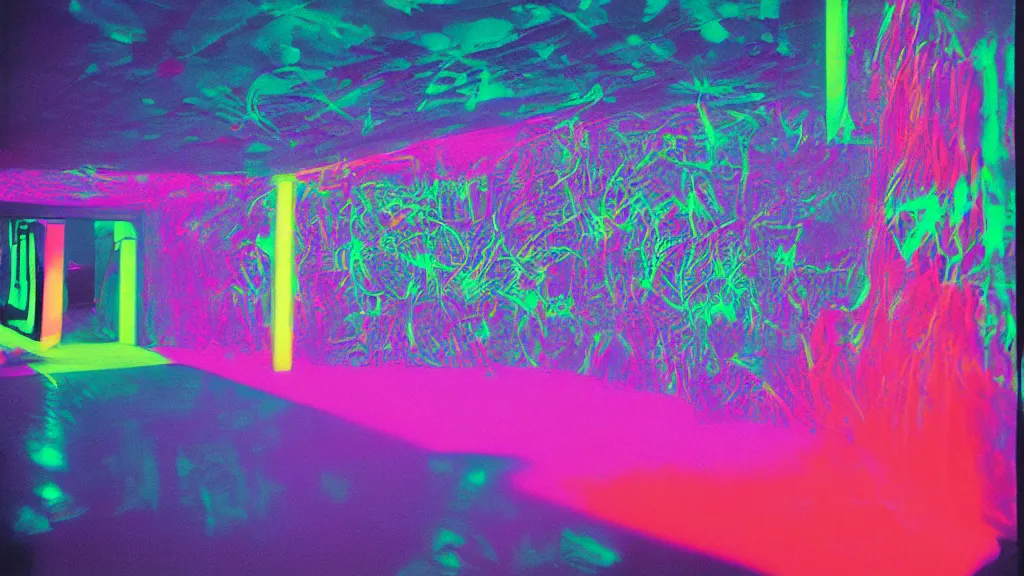 Prompt: 1970s color magazine photo of fluorescent ephemera glowing by blacklight, wall covered in neon posters, in an attic