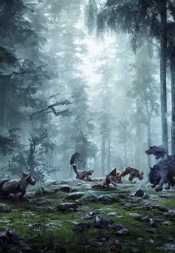 Prompt: a party of adventurers are attacked by a dire wolf in a forest glade, digital art, greg rutkowski, junji ito, unreal engine, octane render, cinematic lighting, highly detailed