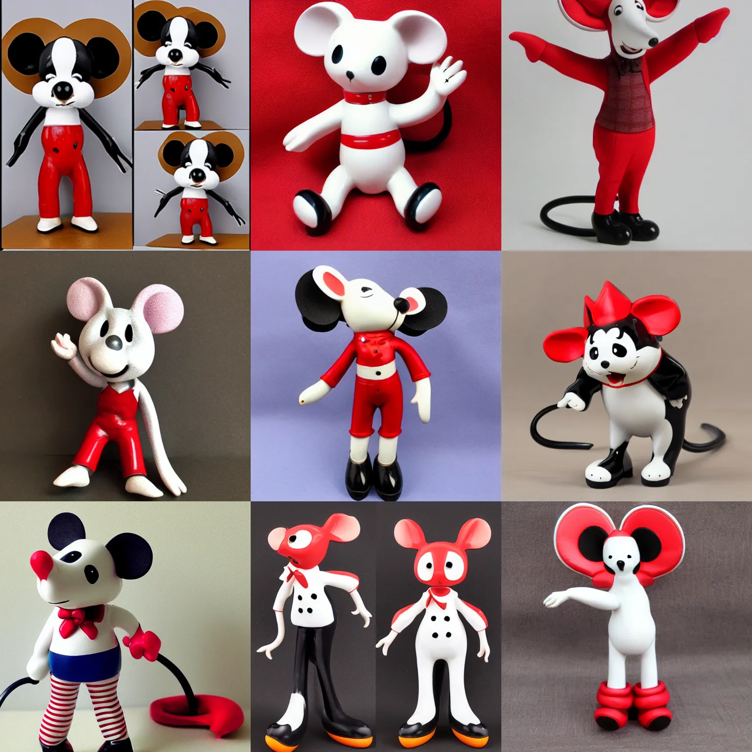 Prompt: rubberhose retro mouse character figurine red pants big ears white gloves brown shoes