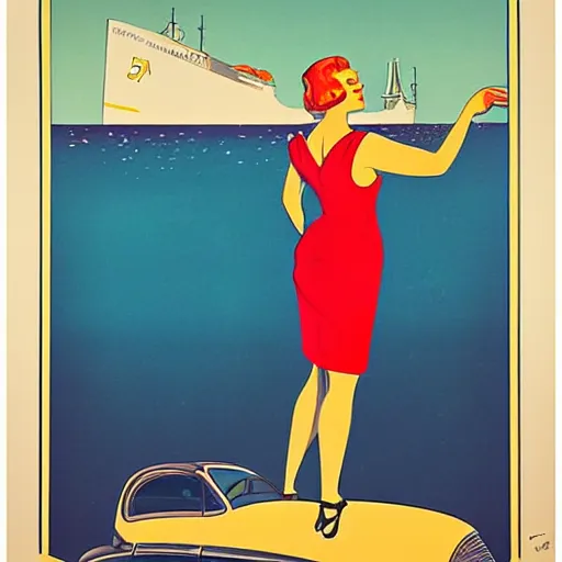 Prompt: vintage art deco poster of woman leaning against a vintage car looking out to sea, a ship on the distant horizon