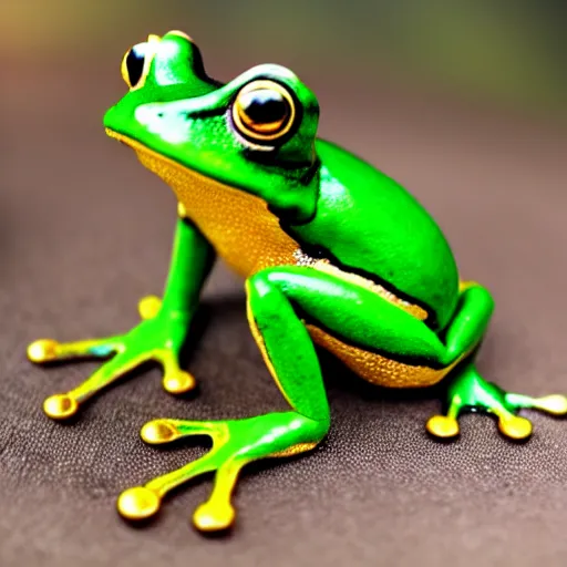 Image similar to Ordinary garden frog transforming into a human Prince with green suit and jeweled crown
