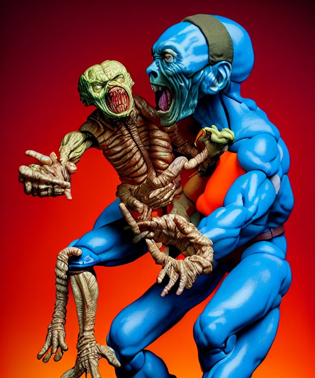 Prompt: hyperrealistic rendering, mummy, by art of skinner and richard corben and jeff easley, product photography, action figure, sofubi, studio lighting, colored gels