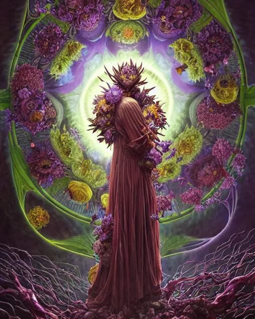 Image similar to the platonic ideal of flowers, rotting, insects and praying of cletus kasady carnage thanos nazgul wild hunt doctor manhattan chtulu mandelbulb howl's moving castle mandala davinci heavy rain, d & d, fantasy, ego death, decay, dmt, psilocybin, art by artgerm and greg rutkowski and alphonse mucha