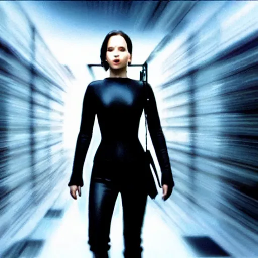 Image similar to first picture of Jennifer Lawrence as Neo in Matrix remake (2029) 4k HDR