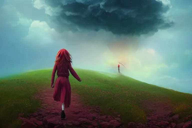 Image similar to giant dahlia flower as a head, girl walking on mountain, surreal photography, stars, dramatic light, impressionist painting, storm clouds, digital painting, artstation, simon stalenhag