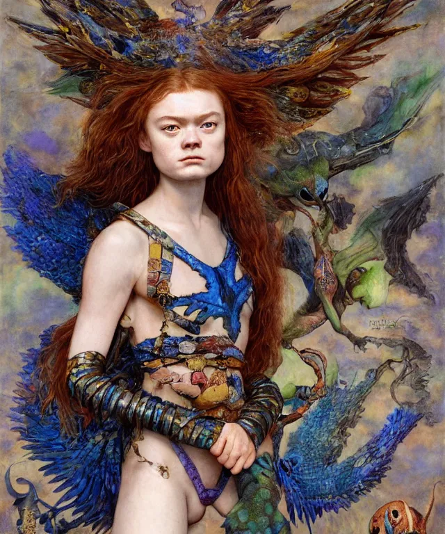 Image similar to a portrait photograph of a meditating fierce sadie sink as a colorful harpy hawk super hero with blue spotted skin with scales. her body is transforming into a alien amphibian. by donato giancola, hans holbein, walton ford, gaston bussiere, peter mohrbacher and brian froud. 8 k, cgsociety, fashion editorial