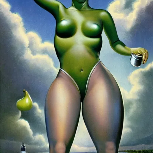 Image similar to beautiful Whitley Streiber Roswell grey alien extraterrestrial species female babe in a tight fitting silver metallic bikini spacesuit, , big pear-shaped head, green skinned, big black almond shaped alien eyes by Mort Kunstler and Gil Elvgren
