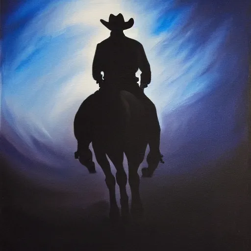 Image similar to a painting of a cowboy riding a horse into the dark horizon, high contrast, black and blue color scheme, dark, creepy, night, far away