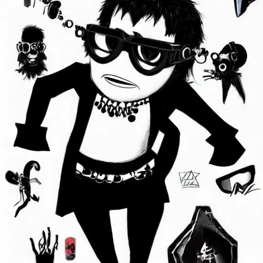 Image similar to a goth nerd guy wearing goggles and eccentric jewelry by jamie hewlett :: full body character concept art, full body, detailed