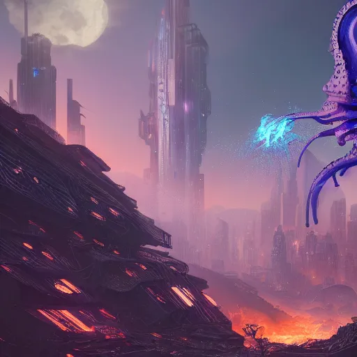 Prompt: a beautifully hyperdetailed matte painting of a Cyberpunk squid a scorched landscape emitting Violet and White blue energy, dusk, art by Albert Bierdstat, and Raphael Lacoste and Dave Noton, 4k, unreal engine, trending on artstation