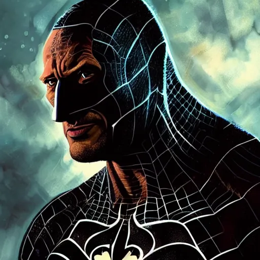 Image similar to dwayne johnson as spiderbatman, digital illustration portrait design, by android jones and greg rutkowski, retrowave color scheme, detailed, cinematic lighting, wide angle action dynamic portrait