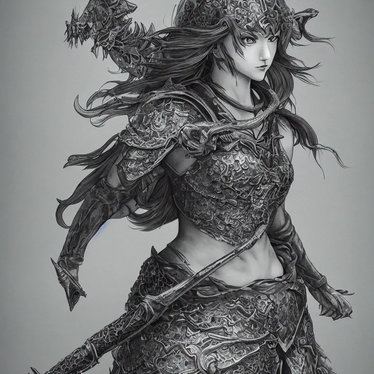 Prompt: young river goddess, realistic proportions, sharp focus, beautiful face, in goldfish armor, wielding a fish sword, symmetrical, highly detailed, engraving kentaro miura manga art style trending on artstation 8 k