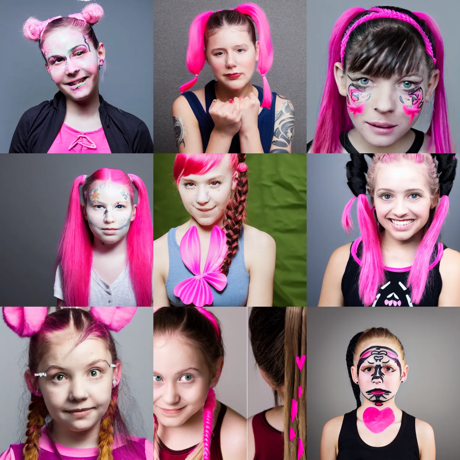 Prompt: professional studio photo of a girl with pink pigtails, and face tattoos