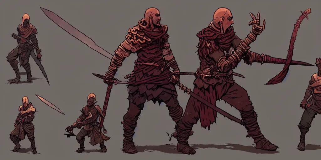 Image similar to warrior character design, idle pose, colored, sword, sprite, darkest dungeon, pc game, sideview, art by moebius and greg rutkowski.