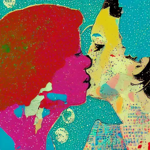 Image similar to two women kissing at a party, mixed media collage, retro, paper collage, magazine collage, acrylic paint splatters, retro psychedelic illustrations,