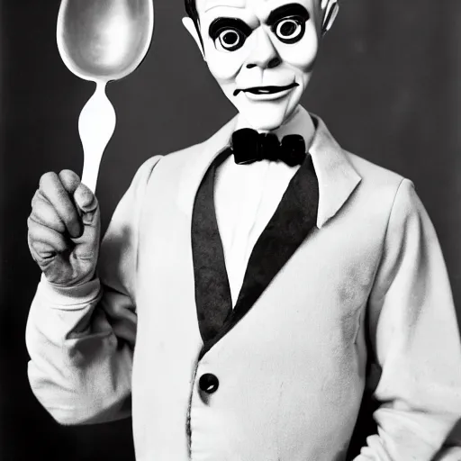 Image similar to slappy the dummy digging with a spoon in his hand, 8k photo