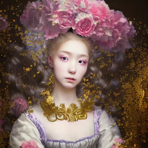 Image similar to 8k, octane render, realism, tonalism, renaissance, rococo, baroque, portrait of a young lady wearing long harajuku manga dress with flowers and skulls, background chaotic gold leaf flowers