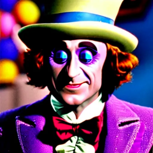 Image similar to uhd photorealistic willy wonka as an insane magician, wearing bizarre makeup, correct face, uhd hyperdetailed