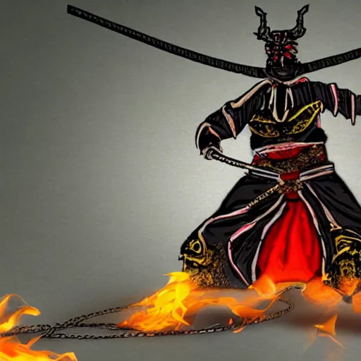 Prompt: a demon samurai wielding a chain whip on fire