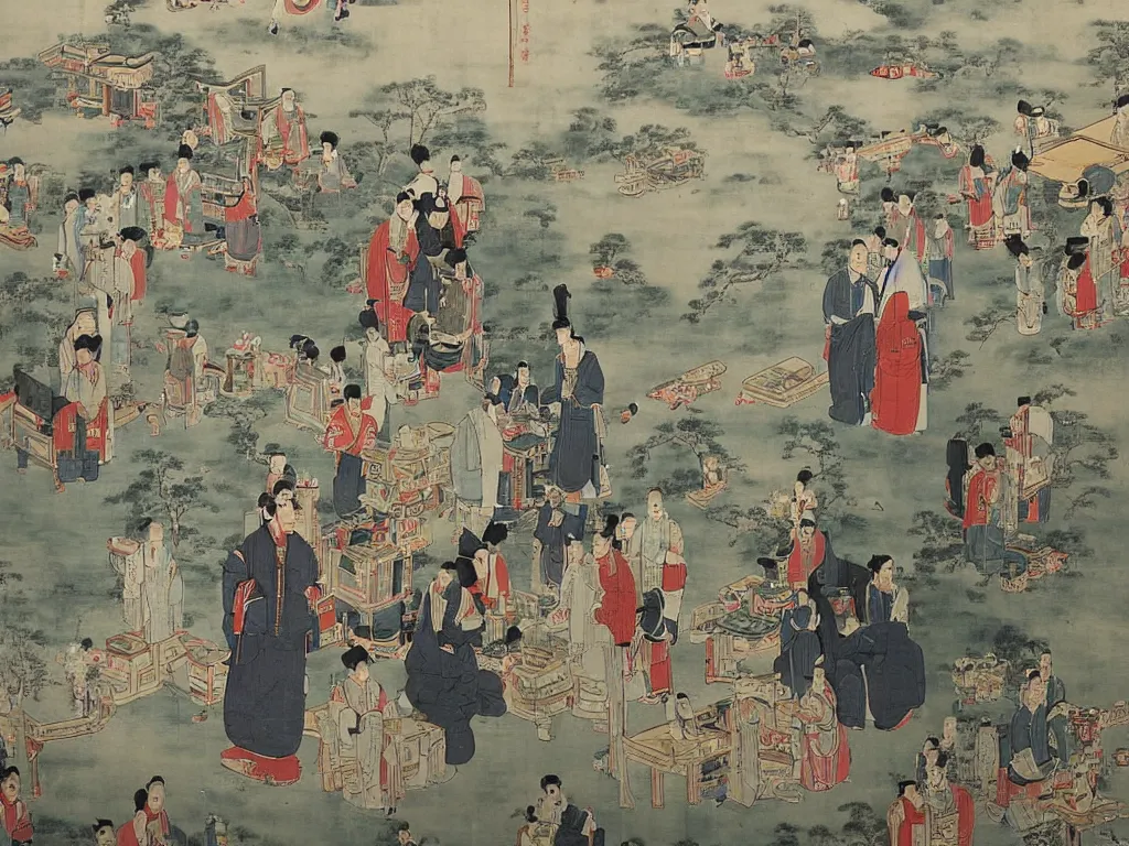 Prompt: ‘The Center of the World’ (Qing dynasty landscape painting) was filmed in Beijing in April 2013 depicting a white collar office worker. A man in his early thirties – the first single-child-generation in China. Representing a new image of an idealized urban successful booming China.