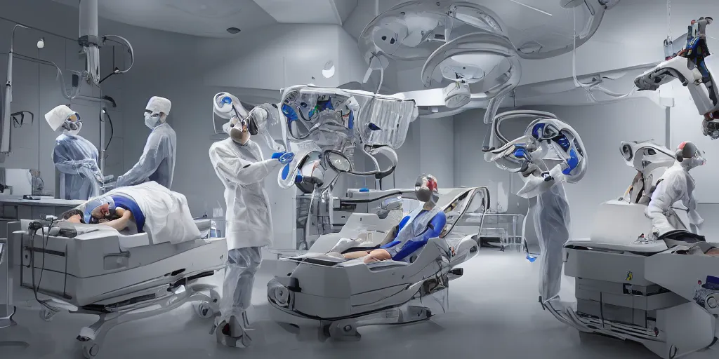 Image similar to an organ transplant in an operating room with robotic surgeons , photorealistic,by Wlop,4k resolution