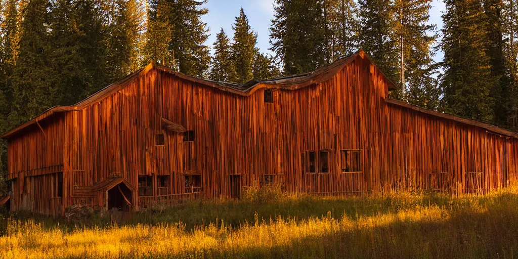 Prompt: large modern longhouse of chief seattle, cedar, warm, golden light, Washington state