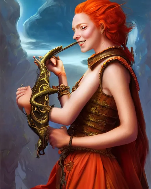 Prompt: fantasy portrait of a happy young women looking with red hair and freckles, slight smile, renaissance colorful dress, leather armor, music instrument in hand, backlit, digital painting by Michael Whelan and and boris vallejo, dnd illustration, trending on Artstation, sfw