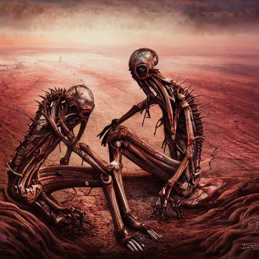 Prompt: conjoined demon twins sitting legs crossed in a desert hellscape covered in gore by Yoshitaka Amano, by HR Giger, biomechanical, 4k, hyper detailed, hyperrealism, anime, a Broken World demons flying overhead, red sky, blood and body parts, deviantart, artstation