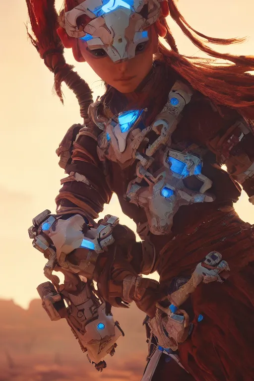 Image similar to combination suit armor aloy horizon forbidden west horizon zero dawn robot ninja mask helmet backpack tribal, aesthetic octane render, 8 k hd resolution, by ilya kuvshinov and cushart krentz and gilleard james radiating a glowing aura cgi rtx 2 0 2 2