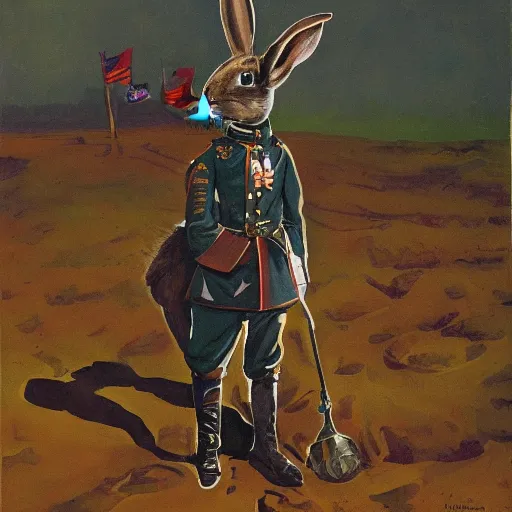 Image similar to a painting of a rabbit wearing a russian world war 1 uniform, standing at the edge of a muddy trench