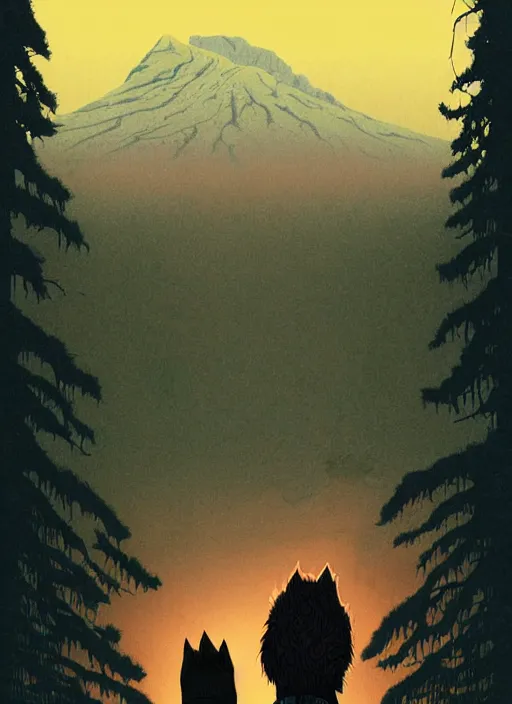 Prompt: Twin Peaks, of Michael Shannon the mechanic discovering a man dressed as a Furry in the woods, mysterious creepy, poster artwork by Michael Whelan, Bob Larkin and Tomer Hanuka, from scene from Twin Peaks, simple illustration, domestic, nostalgic, from scene from Twin Peaks, clean, full of details, by Makoto Shinkai and thomas kinkade, Matte painting, trending on artstation and unreal engine, super clean, fine detail, cell shaded,