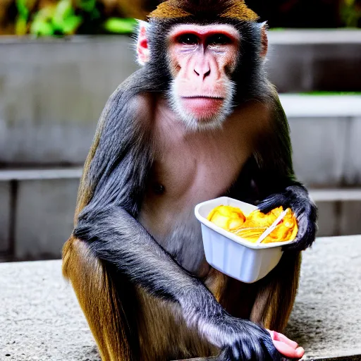 Prompt: Monkey in work uniform taking a lunch break, ultra realistic, canon camera